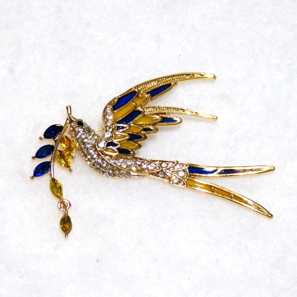 NEW Dove of Peace Rhinestone Brooch Blue & Gold